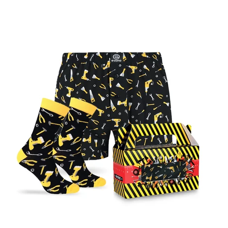 Barkács ajándékcsomag (EVONA) - barkács boxer + zokni szerszámos ajándékdobozban